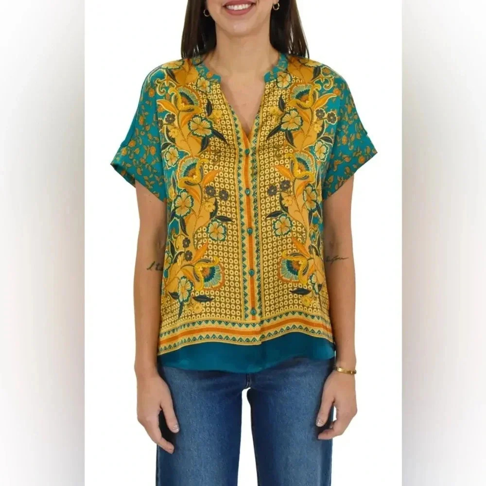 DR2‎ by Daniel Rainn Boho Floral Print Blouse Size L - Teal/Mustard Yellow - NWT